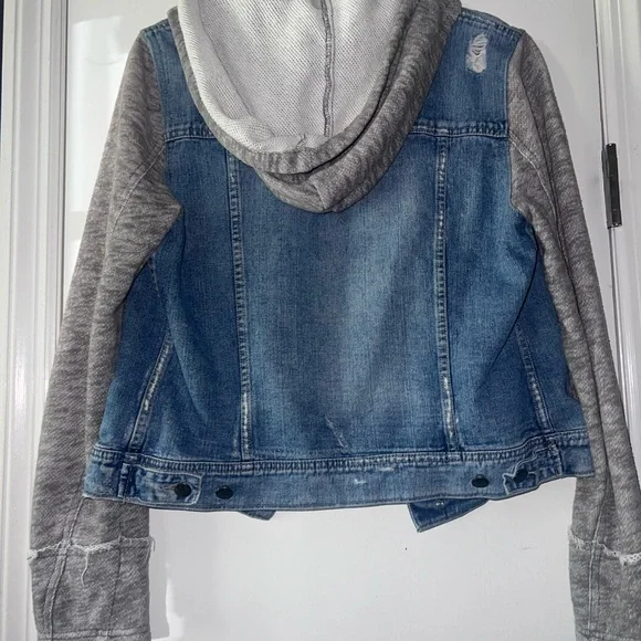 Free People Denim Jacket with Gray Knit Hoodie Sleeves - Picture 3 of 4